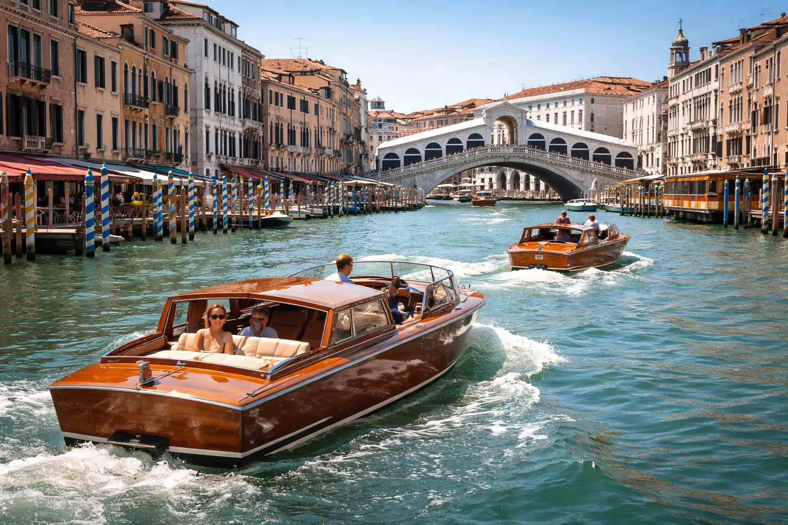 Water taxi in legno sul Canal Grande con ponte di Rialto sullo sfondo
