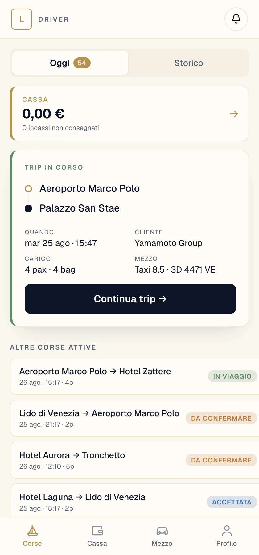 App driver · prossima corsa e turno della giornata